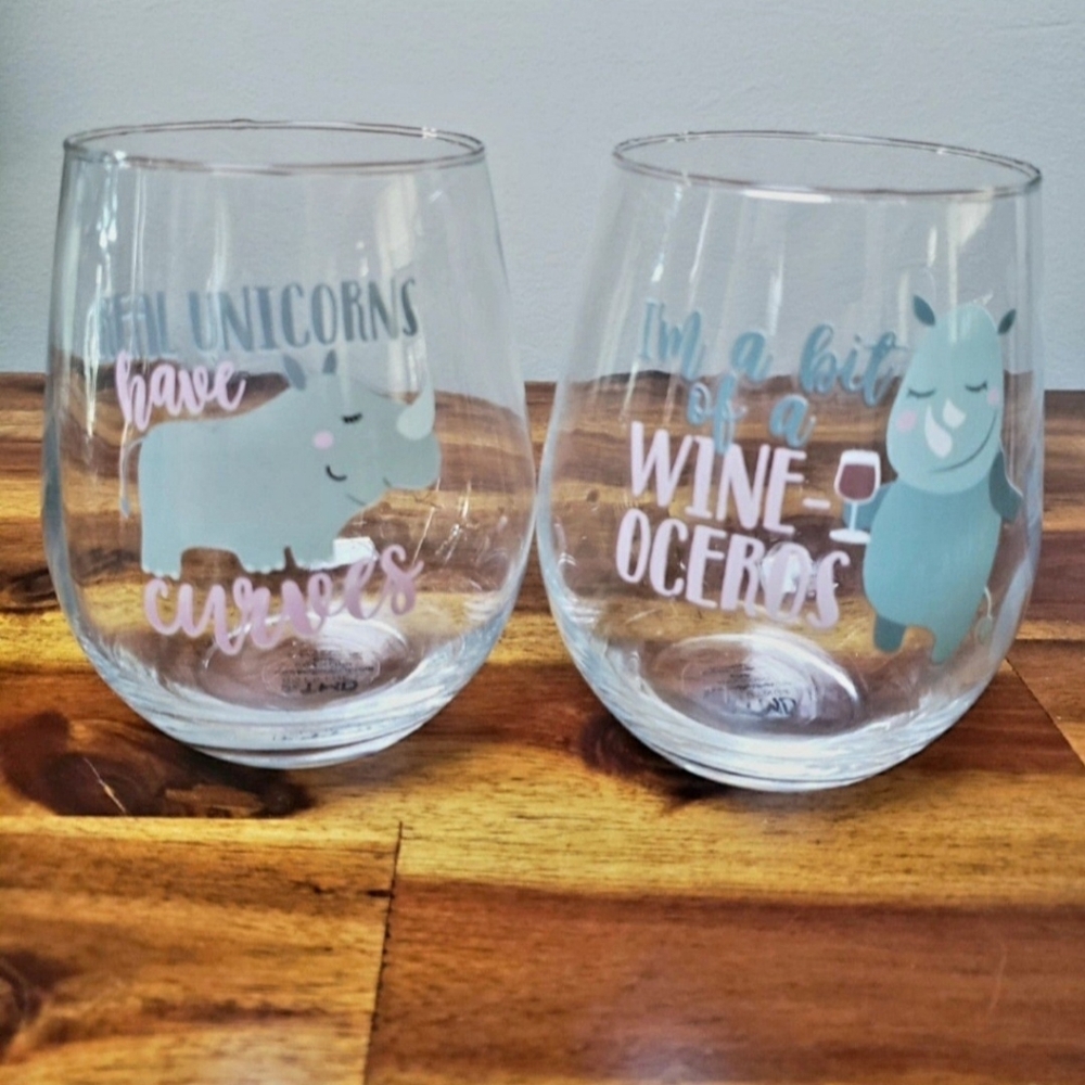 Set of 2 Stemless Wine Glasses Novelty Wine-oceros Rhino & Hippo